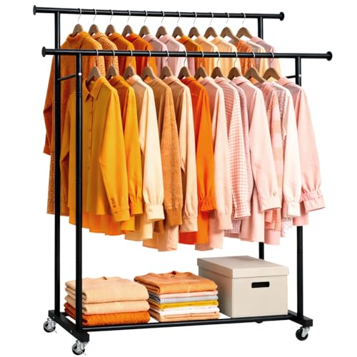 Double Rods Rolling Clothing Rack for Hanging Clothes Portable Wardrobe Rack with Wheels Metal Garment Rack Sturdy Coat Rack with Double Shelves for Bedroom Laundry Living Room, Black