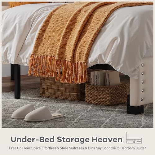 EnHomee Queen Bed Frame with LED Lights & USB, Noise-Free, Beige | Adjustable Velvet Headboard,Under-Bed Space, Heavy Duty Support with 12 Slats, No Box Spring Needed, Easy Assembly - color: Beige, size: Queen (U.S. Standard)