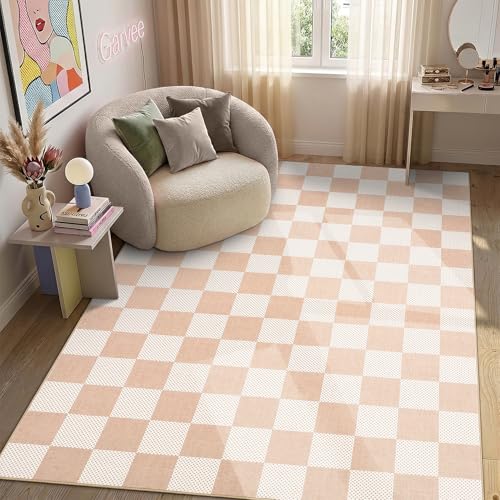 GarveeHome Checkered Blush Beige 3x5 Washable Rug Low-Pile Bedroom Nursery | Non-Slip Blush Beige Soft Stain Resistant Rug for Bedroom Bathroom Living Room Geometric Modern Rug TPE Backing - color: Blush Beige, size: 3' x 5' (Rectangular)