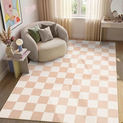 GarveeHome Checkered Blush Beige 6x9 Washable Rug Low-Pile Bedroom Nursery | Non-Slip Blush Beige Soft Stain Resistant Rug for Bedroom Bathroom Living Room Geometric Modern Rug TPE Backing - color: Blush Beige, size: 6' x 9' (Rectangular)
