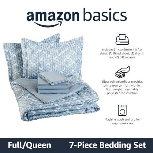 Amazon Basics Full/Queen Comforter Set with Herringbone Sheets, 7-Piece Gray Leaf Bedding, Lightweight Microfiber Bed-in-a-Bag - color: Gray Leaf, size: Full/Queen, style: 1-Pack