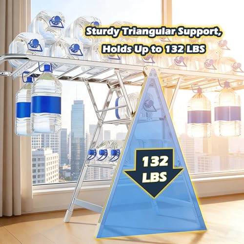Stainless Steel Foldable Clothes Drying Rack with Adjustable Wings, Windproof Holes & Wheels | Heavy Duty 132 lb Load Capacity | Space-Saving Laundry Rack for Indoor & Outdoor Use