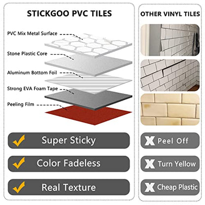 STICKGOO Hexagon Peel and Stick Backsplash Tile, Stick on Backsplash for Kitchen and Bathroom, White Marble Look PVC Mixed Metal Silver Self Adhesive Wall Tiles(10 Sheets, Seamless) - color: White Marble with Metal Silver