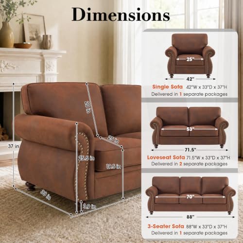 88"W Living Room Furniture Sets, 3-Seater&2 Loveseat, Caramel Rust | Faux Leather Fabric Sofa and Couch Sets, Mid-Century 3-Seater Sofa Set with Nailhead Trim - color: Caramel Rust, size: L-7 seat