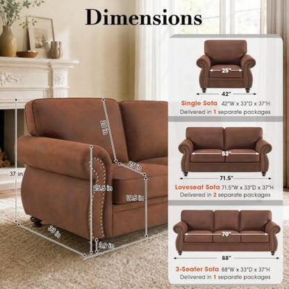 88" W Living Room Furniture Sets, 3-Seater&Loveseat, Caramel Rust | Faux Leather Fabric Sofa and Couch Sets, Mid-Century Sofa Set with Nailhead Trim - color: Caramel Rust, size: M-5 seat