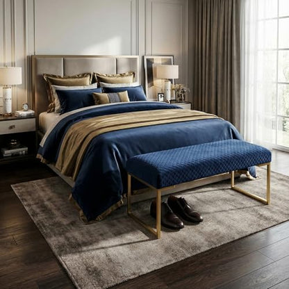 Cortesi Home Claymore Large Ottoman Bench with Painted Gold Legs, Blue Velvet, 48"