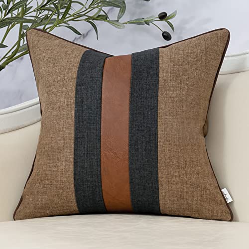 Patchwork Pillow Cover 18x18 Inch Luxury Cotton and Linen Cushion Cover Faux Leather Pillowcover for Couch Bedroom Living Room, Brown - color: L-coffee Brown, size: 18" x 18" (Pack of 1)