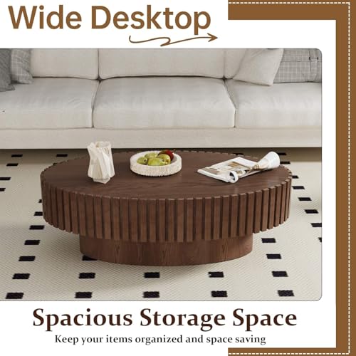 Oval Drum Fluted Coffee Table (C) | Modern Wood Coffee Table with Circle Pedestal Center Tables Fluted Accent Tea Tables for Apartment Living Room - color: C