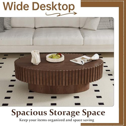 Oval Drum Fluted Coffee Table (C) | Modern Wood Coffee Table with Circle Pedestal Center Tables Fluted Accent Tea Tables for Apartment Living Room - color: C
