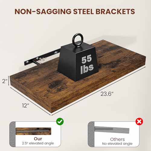 Vivelove 12" Deep Floating Shelves 24x12” Set of 2, Rustic Brown | Easy Install With Hardware, 2" Thick, Invisible Brackets, Wall Mounted, No Sagging, For Any Room - color: Rustic Brown, size: 24”wx12”dx2”h