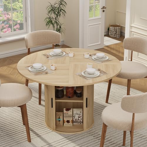 IDEALHOUSE 47 Inch Round Dining Table for 4, Natural Oak | With 2-Tier Shelf and Wood Slide Door, Pedestal Dinner Table Space Saving, T-Shape Base, Dining Room, Natural Oak Finish - color: Natural Oak