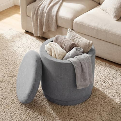 GIANTEX Round Ottoman with Storage, Chenille Fabric Vanity Stool with Removable Lid, Acacia Wood Frame, Ottoman Foot Rest for Living Room, Bedroom, Makeup Room No Assembly (Warm Light Gray)