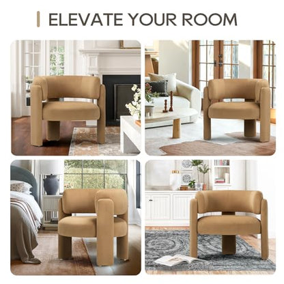 COLAMY Modern Velvet Accent Chair, Upholstered Barrel Chair, Comfy Side Arm Chair with 3 Legs for Living Room, Bedroom, Reading, Khaki - color: New-khaki, size: Set of 1