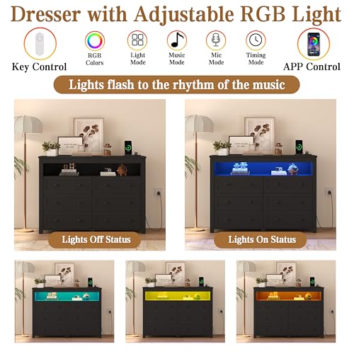 Black Dresser 6 Drawer Dressers for Bedroom with LED Lights, Charging Station, Wood Chest of Drawers with Metal Handles, Modern TV Stand Storage Cabinet for Living Room, Hallway, Entryway - color: Black, style: LED 6 Drawers