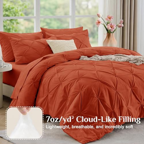 JOLLYVOGUE Twin Comforter Set 5 Pieces - Bed in a Bag Twin for All Season, Pintuck Bedding Comforter Sets with Comforter, Flat Sheet, Fitted Sheet and Pillowcases & Shams, Burnt Orange - color: Burnt Orange, size: Twin
