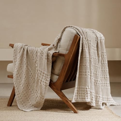 PHF 100% Cotton Waffle Weave Throw Blanket, Lightweight Breathable Summer Blanket for Couch Sofa, Pre-Washed Soft Throws for Bed, Office, Travel & Stylish Home Decor, 50"x60", Light Taupe/Oatmeal - color: 01 Light Taupe/Oatmeal, size: Throw(50"x60")