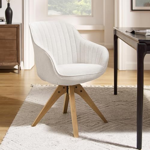 Swivel Desk Chair for Home Office, Fabric, Off White | No Wheels, Oka Wood Legs, Mid Century Modern, Upholstered, 360° Swivel, Accent Chair, Living Room, Bedroom - color: Off White, size: Fabric