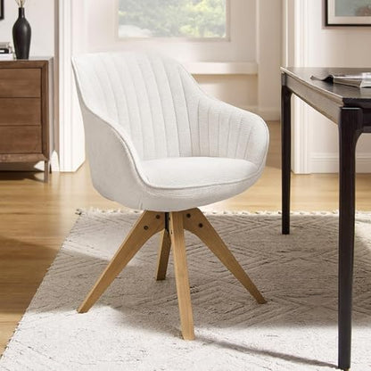 Swivel Desk Chair for Home Office, Fabric, Off White | No Wheels, Oka Wood Legs, Mid Century Modern, Upholstered, 360° Swivel, Accent Chair, Living Room, Bedroom - color: Off White, size: Fabric