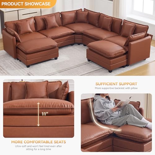 137'' V Shaped Cloud Sectional Sofa, Oversized Deep Seat Leather Couches for Living Room, Comfy Upholstered Modular Sectional Sofa Couch, Leather Brown - color: Pu-dark Brown, size: 113'' V Shape