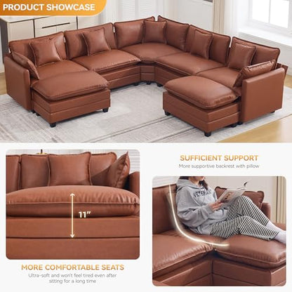 137'' V Shaped Cloud Sectional Sofa, Oversized Deep Seat Leather Couches for Living Room, Comfy Upholstered Modular Sectional Sofa Couch, Leather Brown - color: Pu-dark Brown, size: 113'' V Shape