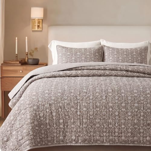 Block Print Reversible Cozy Quilt Taupe Twin 60" X 90" Lightweight Blanket for Sofa, Couch, Bed Soft Breathable Comforter Handmade Bedspread Duvet for Farmhouse, Home, Winter - color: Taupe, size: Twin 60" X 90"