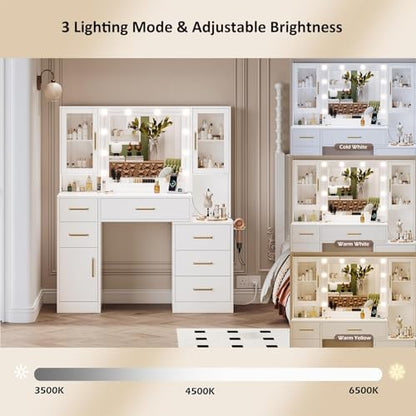 TOKSOM 51" Vanity Desk with Mirror and Lights & Charging Station, Bedroom Dressing Table, Large Vanity Set, 6 Drawers and 2 Cabinets, Makeup Vanity Table with Charging Station, Without Stool - size: 51 inch, style: Modern White