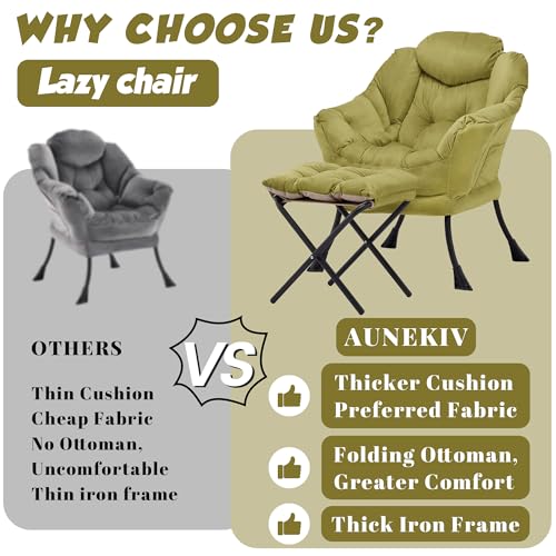 Lazy Chair with Ottoman, Comfy Reading Chair, Olive Green | Cushioned Seat with Foldable Ottoman and Side Pocket, Lounge Chair for Bedroom, Living Room, Dorm and Small Spaces - color: Sage Green