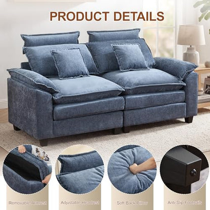 72'' Cloud Deep Seat Loveseat, Modular 2 Seater Sectional Couch with Detachable Headrest, Modern Love Seat Sofas for Living Room, Apartment, Blue - color: Blue, size: Loveseat