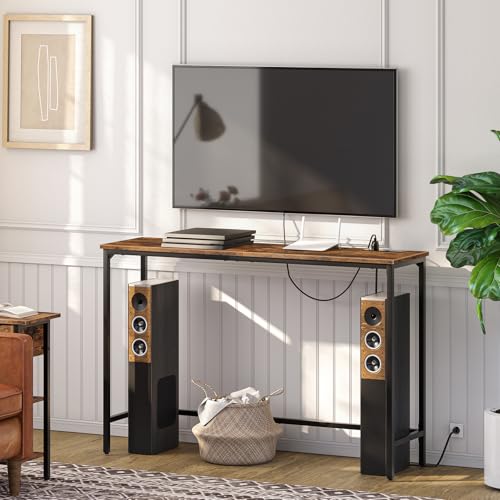 HOOBRO 47.2" Console Table with Power Outlets and USB Ports, Sofa Narrow Entryway Table with Charging Station, Behind Couch Table, Hallway, Foyer, Living Room, Bedroom, Rustic Brown BF301XG01G1