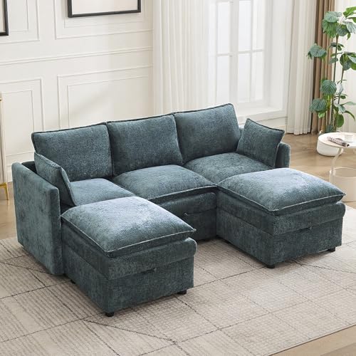 80" Cloud Modular 3 Seater Sofa with 2 Storage Ottoman, Modern Upholstered Storage Sofa Couch Deep Seat, U Shape Sectional Sofa Chenille Comfy Couch with Armrests for Living Room, Small Space, Blue - color: Blue, size: 80" 3 Seater+2 Ottoman