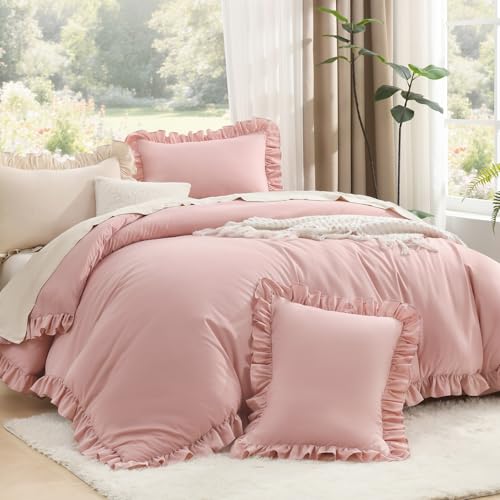 Litanika King Comforter Set, 3 Pieces Blush Ruffle Bedding Set | Farmhouse Shabby Chic Aesthetic Soft Fluffy Lightweight Breathable Bed Set for Girls Women Room Decor Gift All Season - color: 02 - Blush, size: King (104"x90")