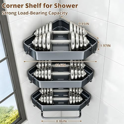 3-Tier Corner Shower Caddy, Rustproof Shower Shelf, Adhesive/Drill | Adhesive/drill, Fits tile/marble/glass, 6 hooks & towel bar, for renters & apartments, kitchen, laundry, grey