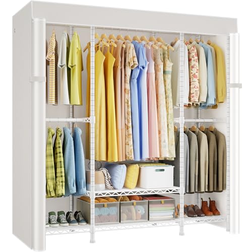 E3C White Clothes Rack with Beige Cover, Heavy Duty Garment Rack | Freestanding Metal Closet System Storage Organizer for Clothing, Clothing Rack Holds up to 850 lbs, 59.5"W x 16.5"D x 77.4"H - color: White Rack with Beige Cover