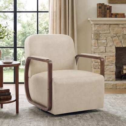 Faux Leather 360° Swivel Barrel Accent Chair, Upholstered Mid Century Modern Reading Lounge Chair with Wooden Armrests & Solid Rotating Metal Base for Living Room Bedroom, Cream Beige - color: Cream Beige, size: 1 Pack