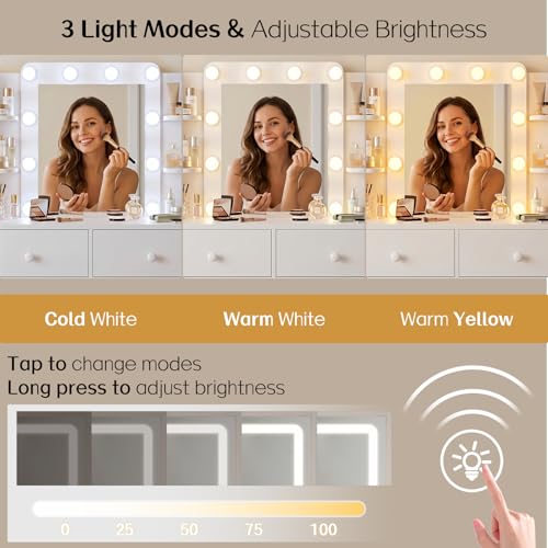FUXA Makeup Vanity Desk with LED Mirror and Chair Set, White | 3 Lighting Modes, Built-in Charging Station, Storage Drawers and Shelves for Bedroom