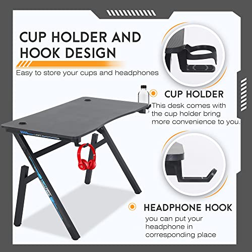 BestOffice | 47" Gaming Table | Blue | R-Shaped Computer Desk | with Steel Frame, Headphone Hook, Adjustable Feet | Carbon Fiber Texture| Easy to Clean | for Gaming, Home Office - color: Blue, size: 47 Inch R Shaped