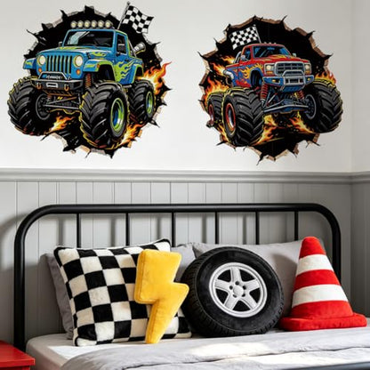 Monster Truck Through Wall Wall Decals, Wall Stickers Decor | 2 Sheets 11.8"x37.8" Vinyl Removable Peel and Stick Murals, Plant Decor for Bedroom, Bathroom, Office, Classroom & Home - style: Monster Truck Through Wall
