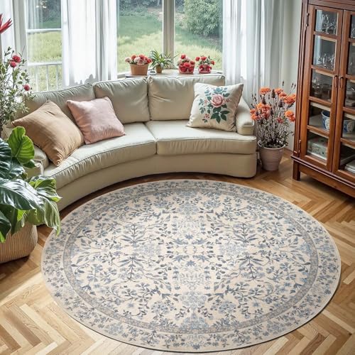jinchan 6ft Washable Round Area Rug, Vintage Floral, Blue/Cream | Soft Non-Slip Low-Pile, Circle Carpet for Entryway Bedroom Living Room Dining Room Office Foyer - color: Blue/Cream, size: 6' (Round)