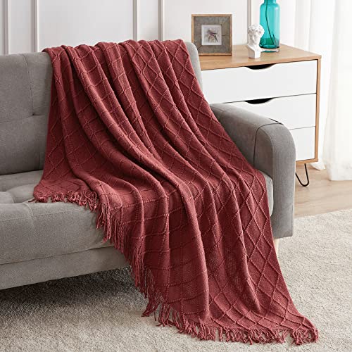 BOURINA Burgundy Throw Blanket 50x60 Inch Knitted Soft Throw Sofa Blanket | Knitted Throw Blanket 50x60 Inches, Soft Lightweight Boho Weave Throw Decorative Couch Blanket for Living Room Bedroom Chair - color: Burgundy, size: 50"x60"
