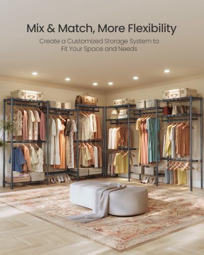 SONGMICS Heavy-Duty Clothes Rack, Garment Rack, Portable Closet, 68.7-Inch Wide Clothing Rack with Adjustable Mesh Shelves and Hanging Rails, Ink Black ULGR433B01 - color: Ink Black, size: 68.7"L x 76"H, style: Without Fabric Cover
