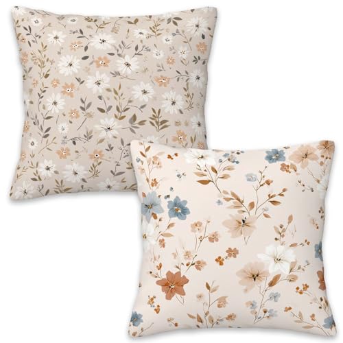 Throw Pillow Covers 18x18 Set of 2 | Daisy Floral Decorative Cushion Covers for Couch Sofa Bed | Soft Neutral Botanical Pillow Cases for Living Room | Farmhouse Home Decor Accent - color: Daisy Floral