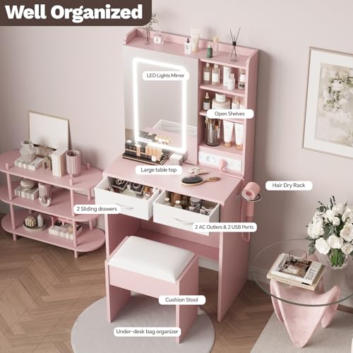 Pink Makeup Vanity Desk with Mirror and Lights, Vanity Table Set with Charging Station, Dressing Table with Stool, 2 Drawers, Open Shelves, Power Outlets & USB Ports, Vanity Desk with RGB Cabinets - color: Pink