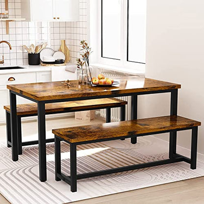Dining Room Table Set with 2 Benches, Farmhouse Dining Table Set for 4-6, Wood Breakfast Table Set Dinner Table Set Kitchen Table and Chairs for Breakfast Nook Small Spaces, Brown - color: Rustic Brown