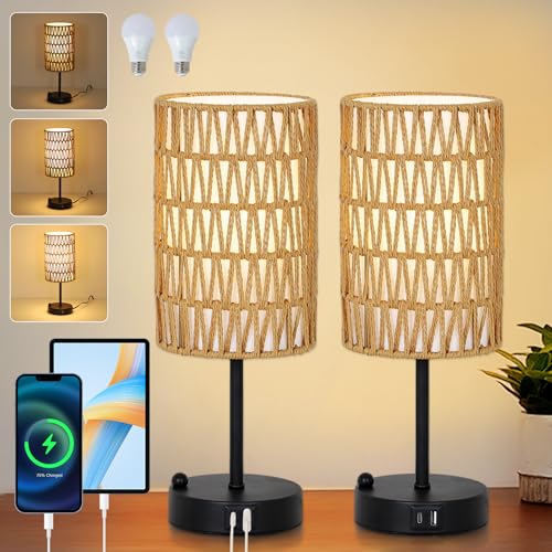 Touch Table Lamp Set of 2 For Bedroom with Bulb, Boho Small Desk Lamp For Living Room With Rattan & Linen Shade, 3 Way Dimmable Bedside Table Lamp For Nightstand With USB Charging Port & Phone Stand - color: Black-2pack