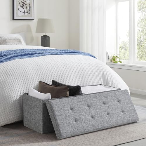 Ornavo Home 43 Inch Folding Extra Large Storage Bench, Linen, Gray | Upholstered Tufted Ottoman with Lid; Foot Rest Stool; Ideal for Bedroom, Living Room or Entryway - color: Grey, size: 15"d X 43"w X 15"h