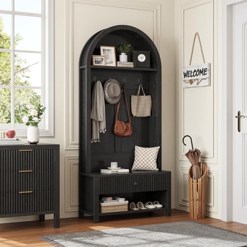 70.86-inch Entryway Hall Tree, Farmhouse-Style Wooden Coat Rack Freestanding, Entryway Organizer with Four Hooks, Standing Shoe Rack with Bench for Hallways, Foyers, and Living Rooms, Black - color: Black