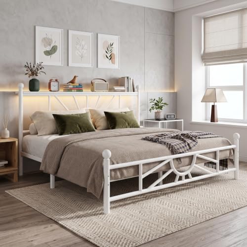Homkdom Queen Metal Bed Frame with Victorian Headboard & Storage Shelf | Under-Bed Storage for Teens Room & Apartments, Slip Resistant, LED lights, No Box Spring Needed, 1300lbs stability, Black - color: White, size: Queen (U.S. Standard)