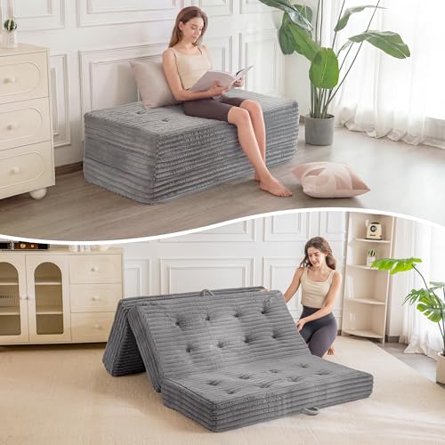 MAXYOYO Folding Sofa Couch Bed, 6 Inch Tri-Fold Floor Sofa Bed, Folding Mattress with Handles, Soft Faux Fur Folding Bed with Supportive Foam Filling, Portable Couch for Living Room, Full, Grey - color: Grey, size: Full