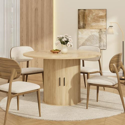 IDEALHOUSE 47 Inch Round Dining Table for 4, Natural Oak | With 2-Tier Shelf and Wood Slide Door, Pedestal Dinner Table Space Saving, T-Shape Base, Dining Room, Natural Oak Finish - color: Natural Oak