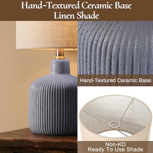Ceramic Table Lamp, 17.75" Nautical Bedside Lamp with Beige Linen Shade, Warm Ambient Nightstand Lighting for Beach House, Navy Blue - color: Blue